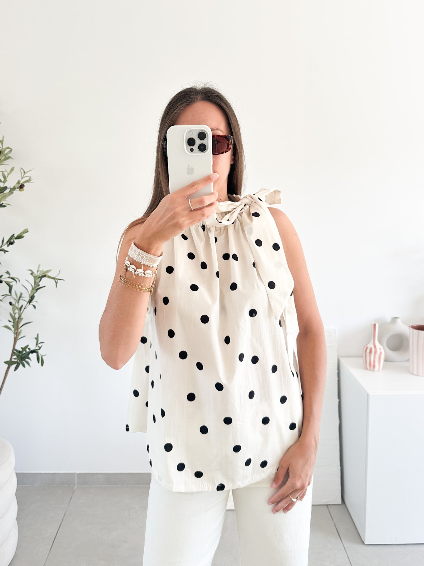 Top Polka en coton blanc