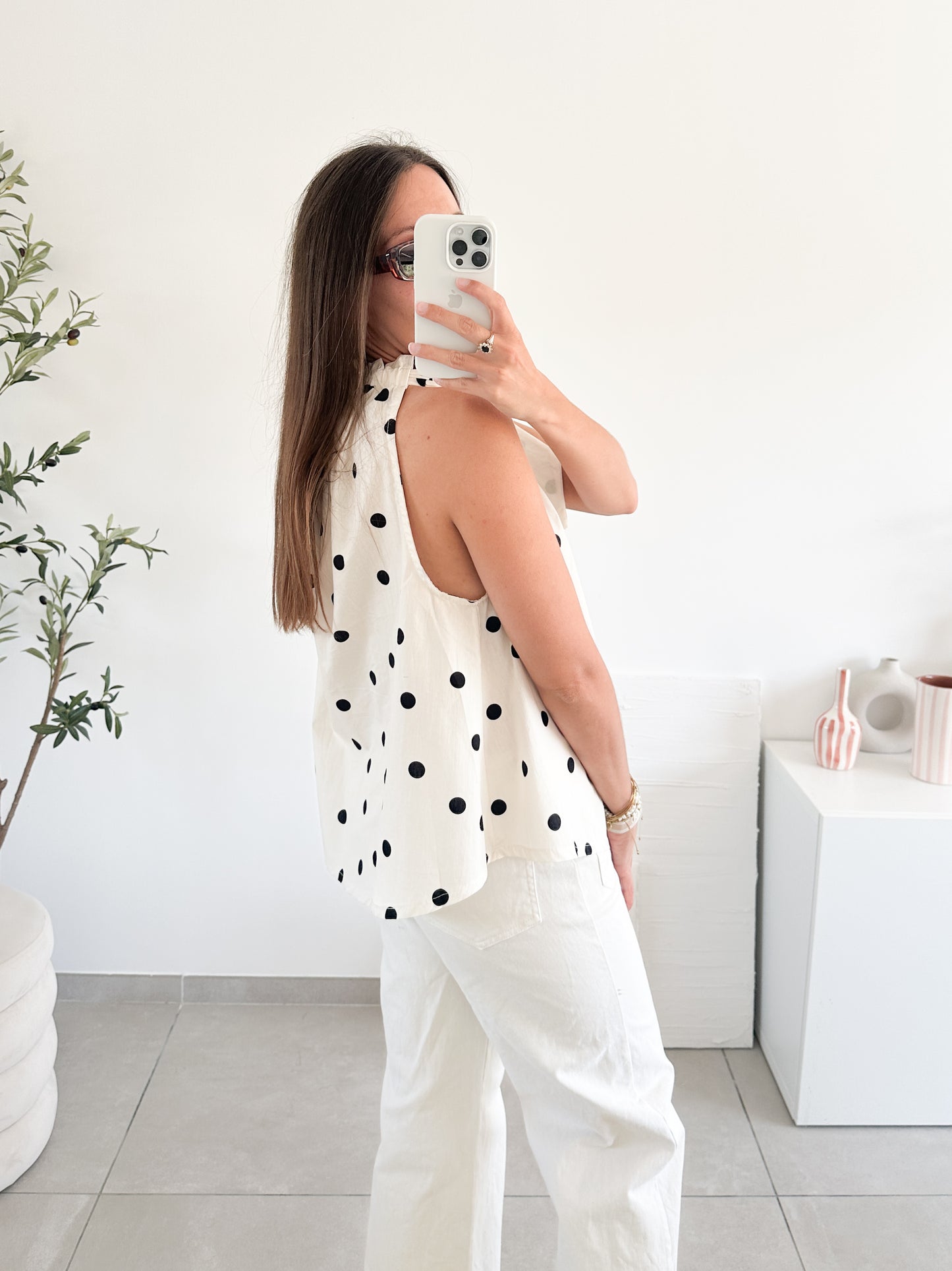 Top Polka en coton blanc