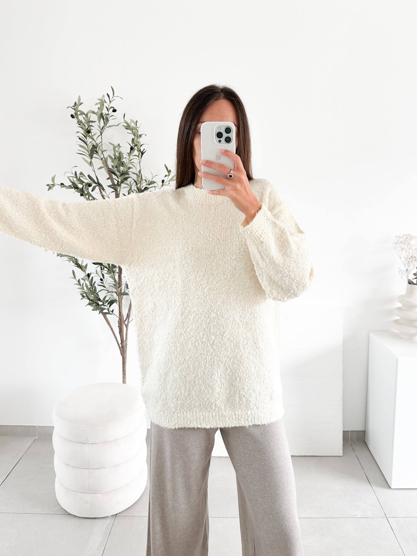 Pull bouclettes en coton écru