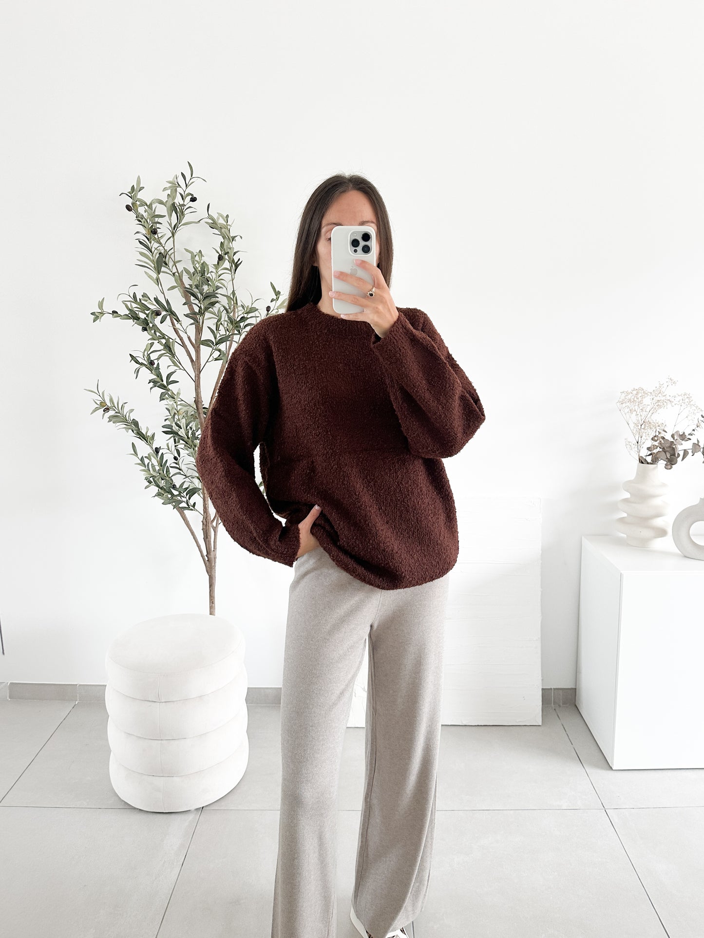 Pull bouclettes en coton marron