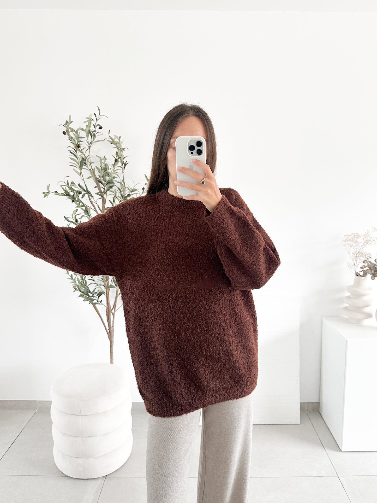 Pull bouclettes en coton marron