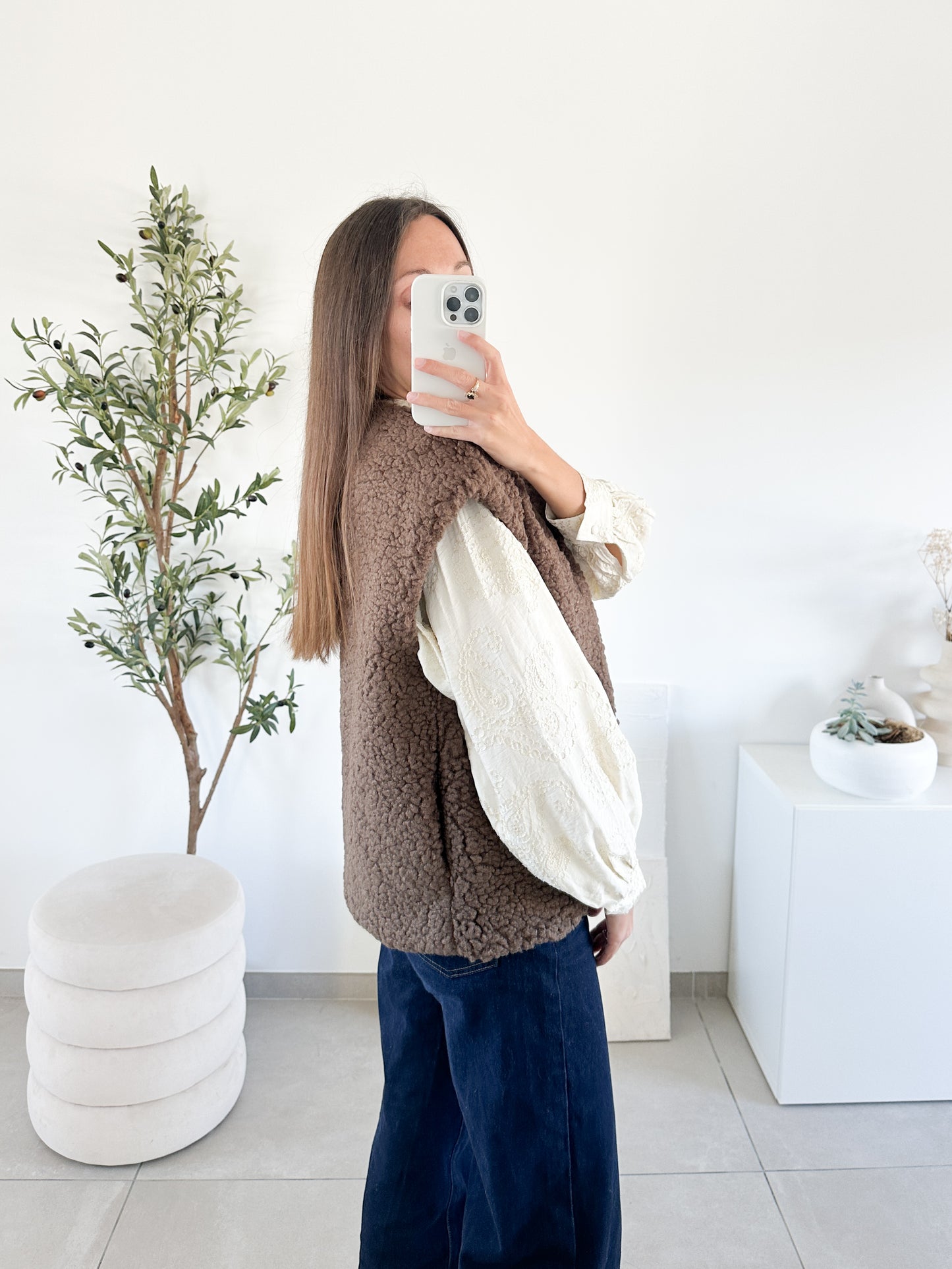 Gilet moumoute sans manche marron