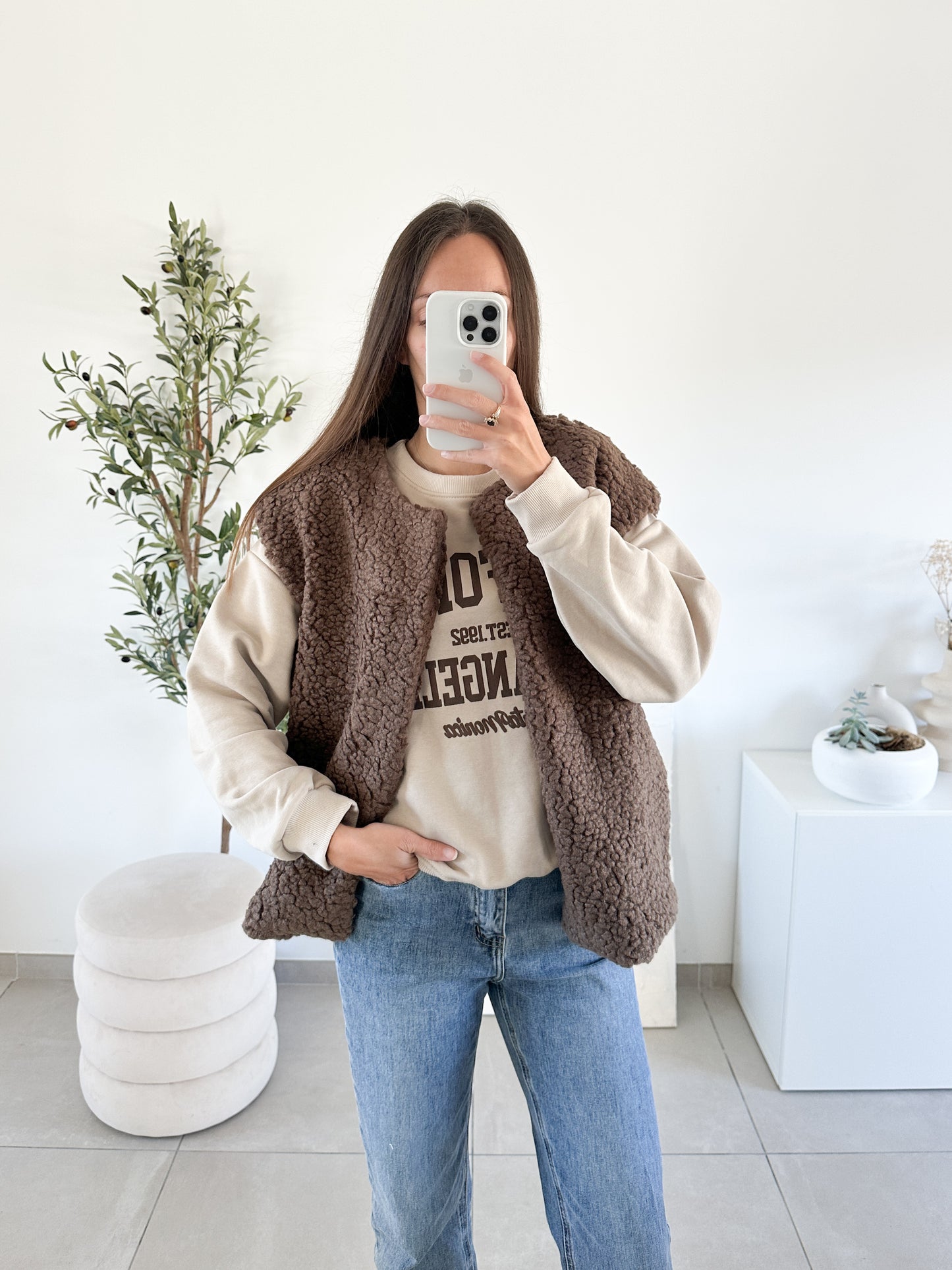 Gilet moumoute sans manche marron